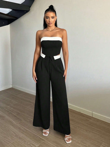 SXY Contrast Trim Wide Leg Suit Pants Shein