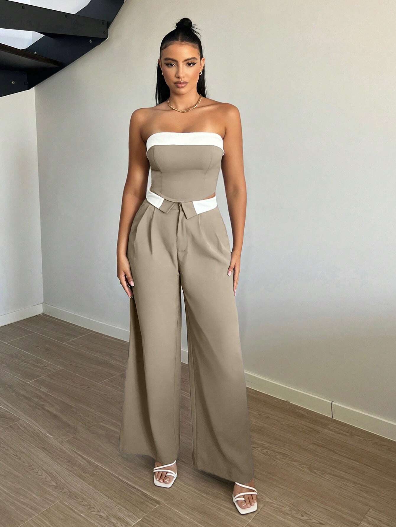 SXY Contrast Trim Wide Leg Suit Pants Shein