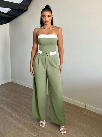 SXY Contrast Trim Wide Leg Suit Pants Shein