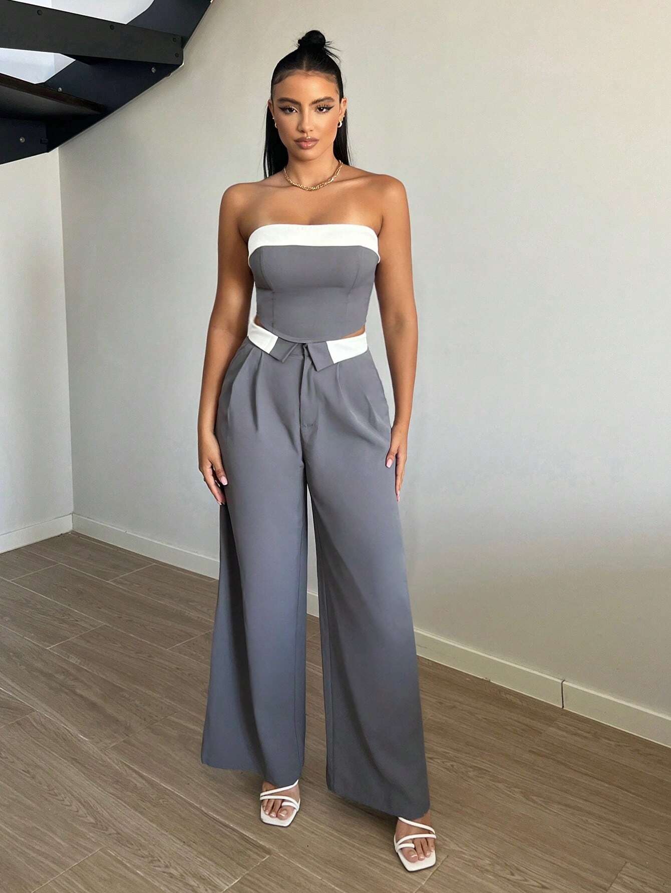 SXY Contrast Trim Wide Leg Suit Pants Shein