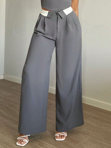 SXY Contrast Trim Wide Leg Suit Pants Shein