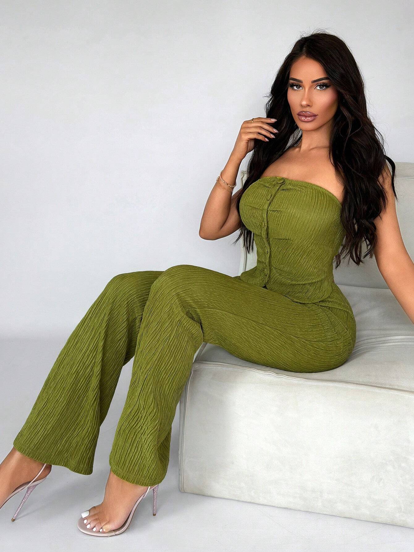 SXY Ladies' Sexy Texture Green Tube Top With Button & Flared Pants Set Shein