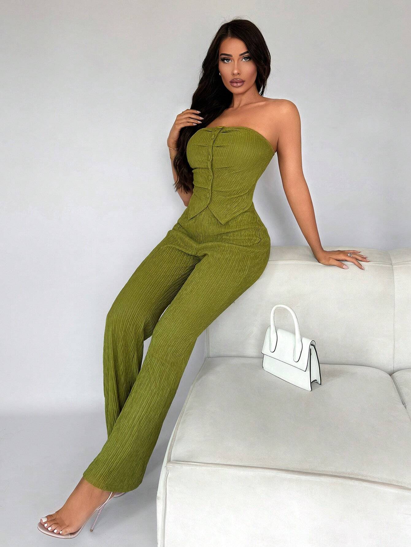 SXY Ladies' Sexy Texture Green Tube Top With Button & Flared Pants Set Shein