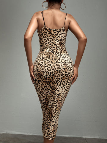 SXY Leopard Print Strap Detail Bodycon Dress Shein