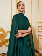 Solid Mock High Neck Cloak Sleeve Chiffon Formal Dress Shein