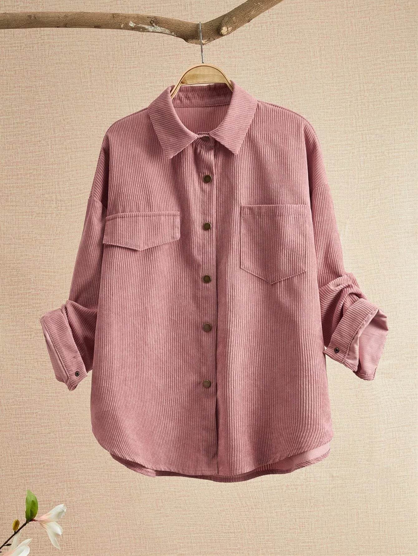 Solid Pocket Patched Button Up Corduroy Coat Shein