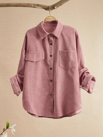 Solid Pocket Patched Button Up Corduroy Coat Shein