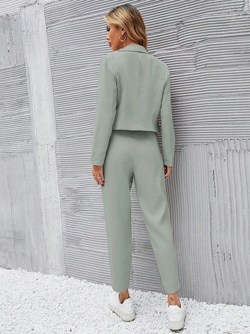 Solid Single Button Crop Blazer And Slant Pocket Tailored Pants Shein