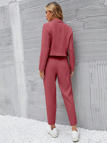 Solid Single Button Crop Blazer And Slant Pocket Tailored Pants Shein