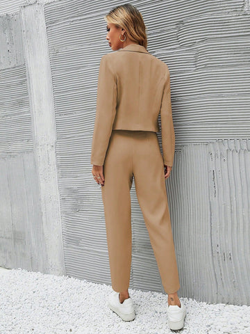 Solid Single Button Crop Blazer And Slant Pocket Tailored Pants Shein