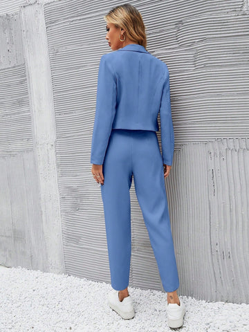 Solid Single Button Crop Blazer And Slant Pocket Tailored Pants Shein