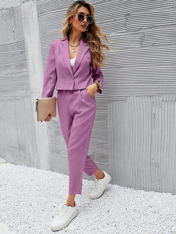 Solid Single Button Crop Blazer And Slant Pocket Tailored Pants Shein