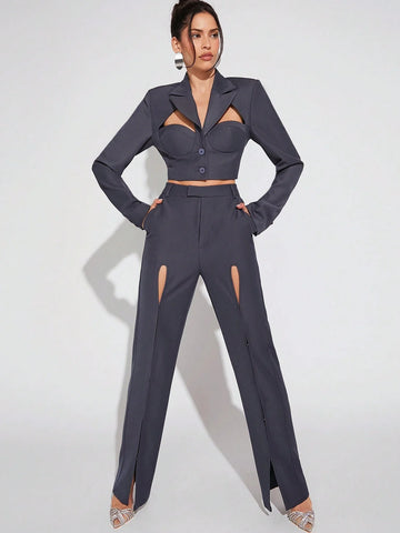 Storm Apparel Cut Out Crop Blazer & Split Pants Set Shein