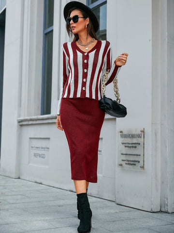 Striped Pattern Cardigan & Knit Skirt Shein