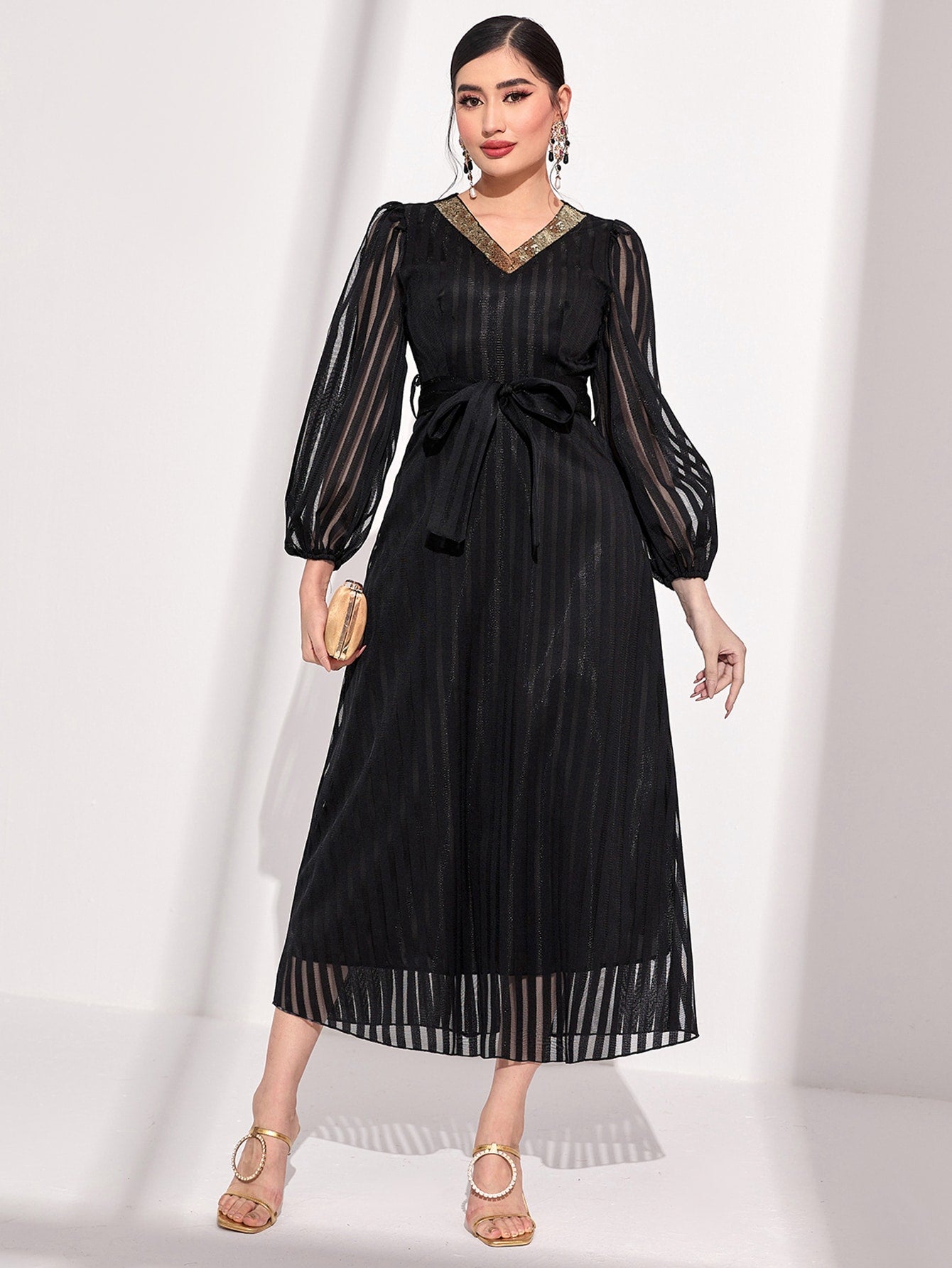 Striped Print Contrast Sequin Lantern Sleeve Belted Dress shein