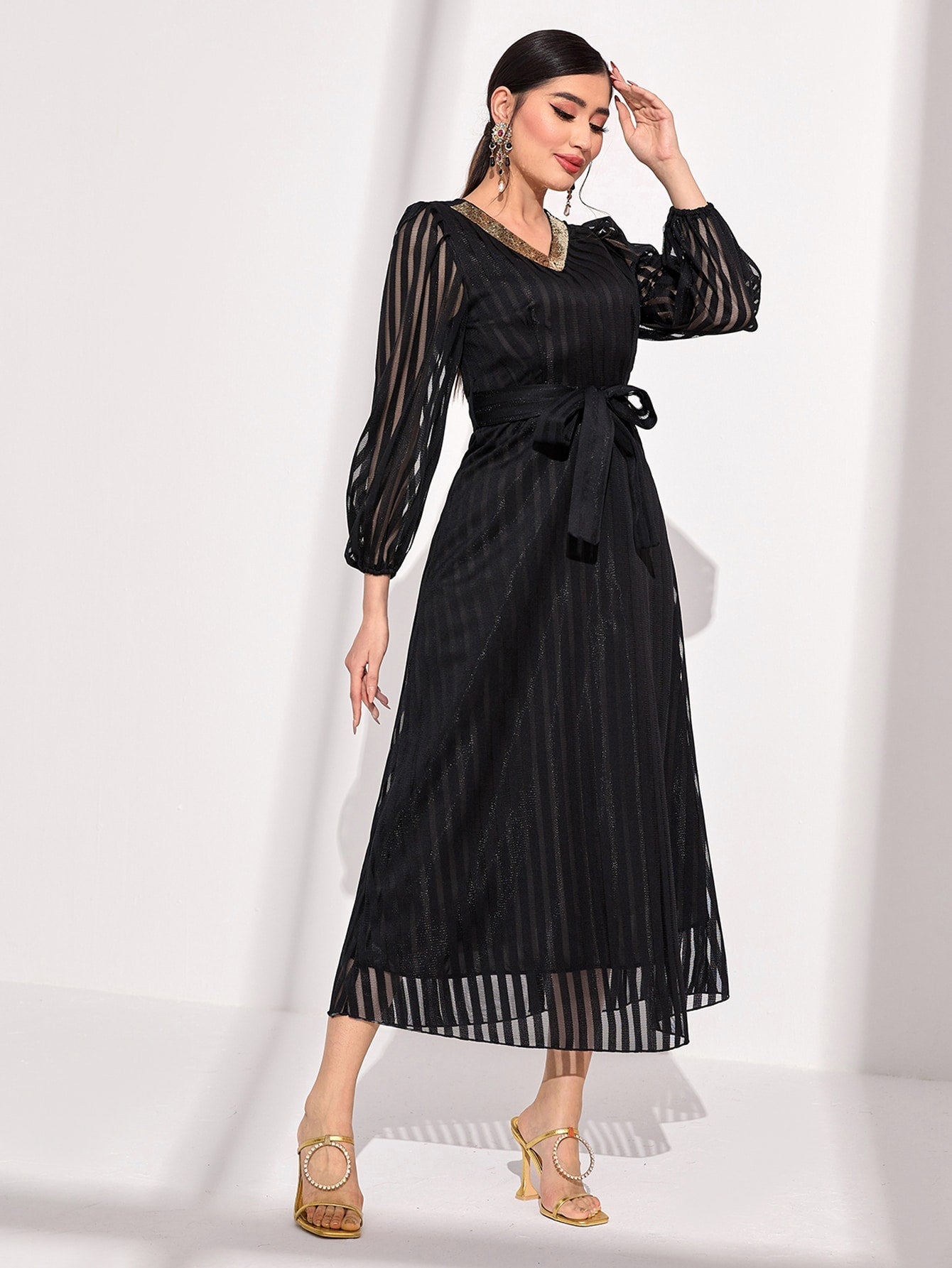 Striped Print Contrast Sequin Lantern Sleeve Belted Dress shein