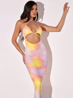 Tie Dye Cut Out Crisscross Tie Backless Halter Dress shein