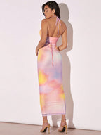 Tie Dye Cut Out Crisscross Tie Backless Halter Dress shein