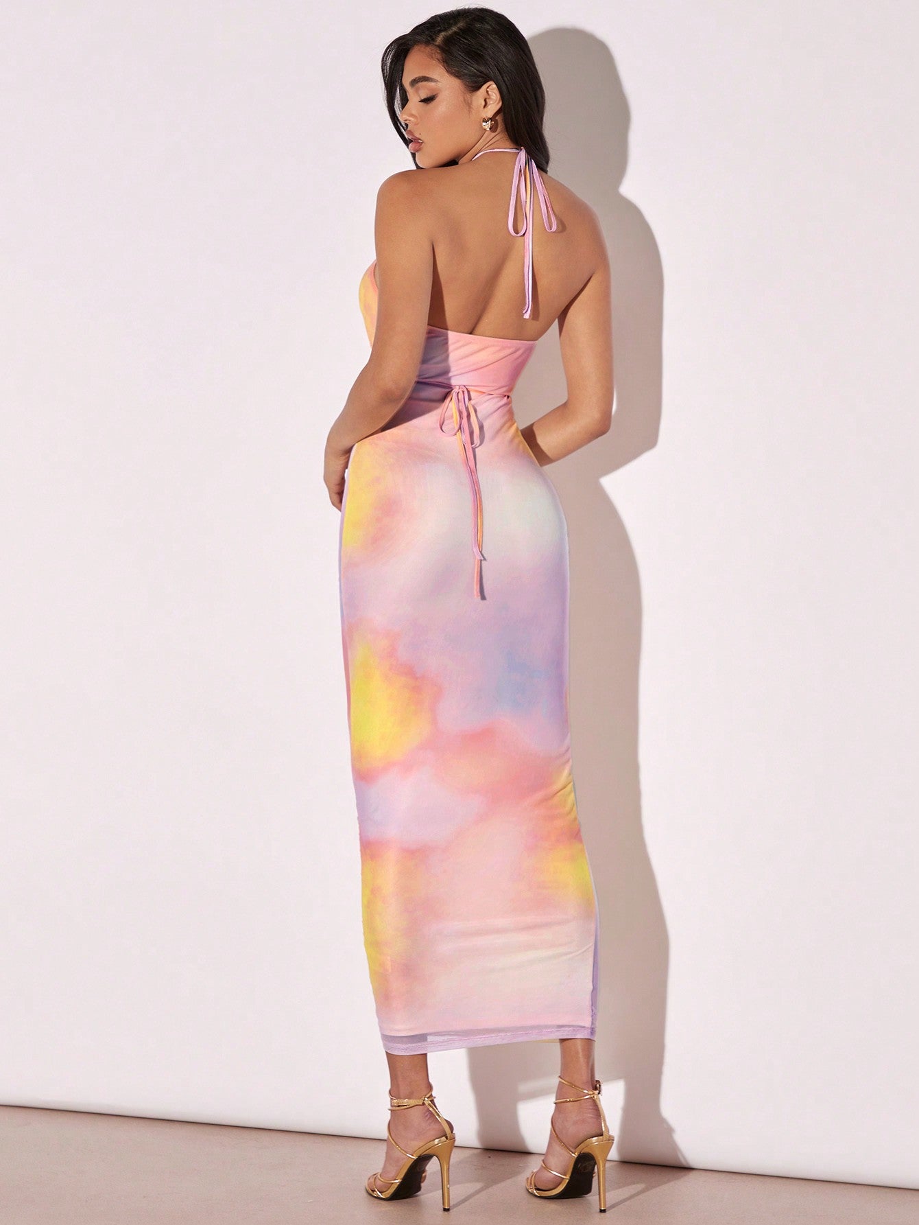 Tie Dye Cut Out Crisscross Tie Backless Halter Dress shein