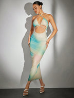 Tie Dye Cut Out Crisscross Tie Backless Halter Dress shein