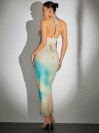 Tie Dye Cut Out Crisscross Tie Backless Halter Dress shein