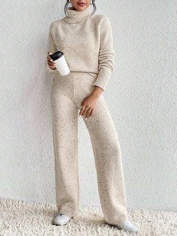 Turtleneck Drop Shoulder Sweater & Knit Pants Shein