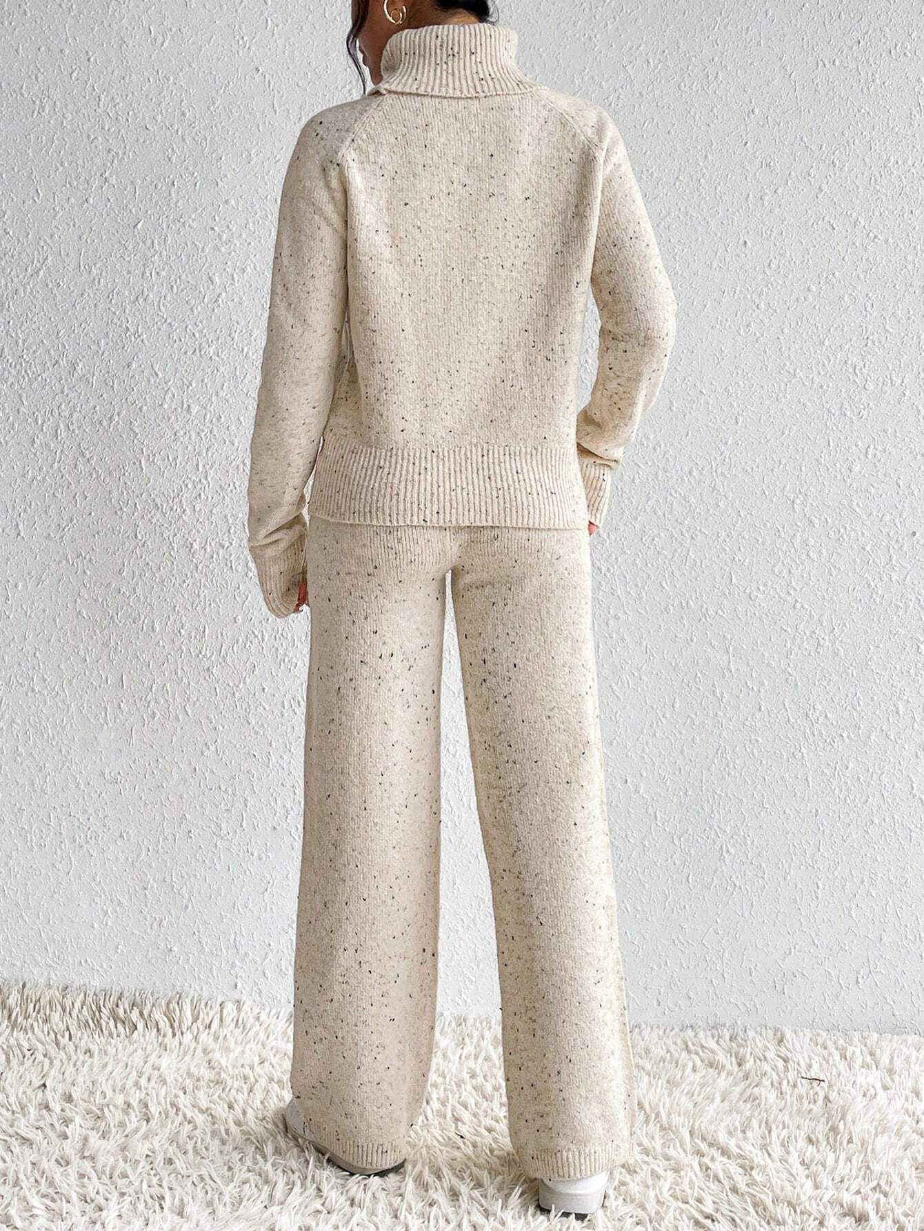 Turtleneck Drop Shoulder Sweater & Knit Pants Shein