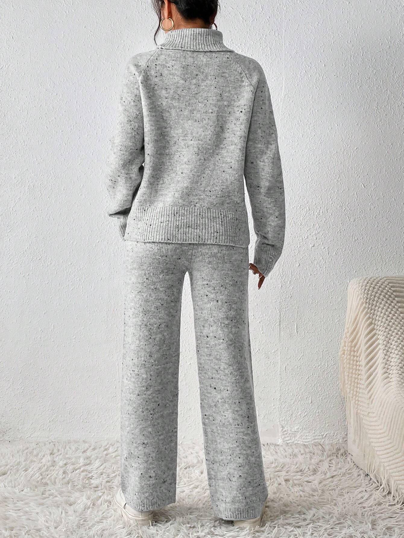 Turtleneck Drop Shoulder Sweater & Knit Pants Shein