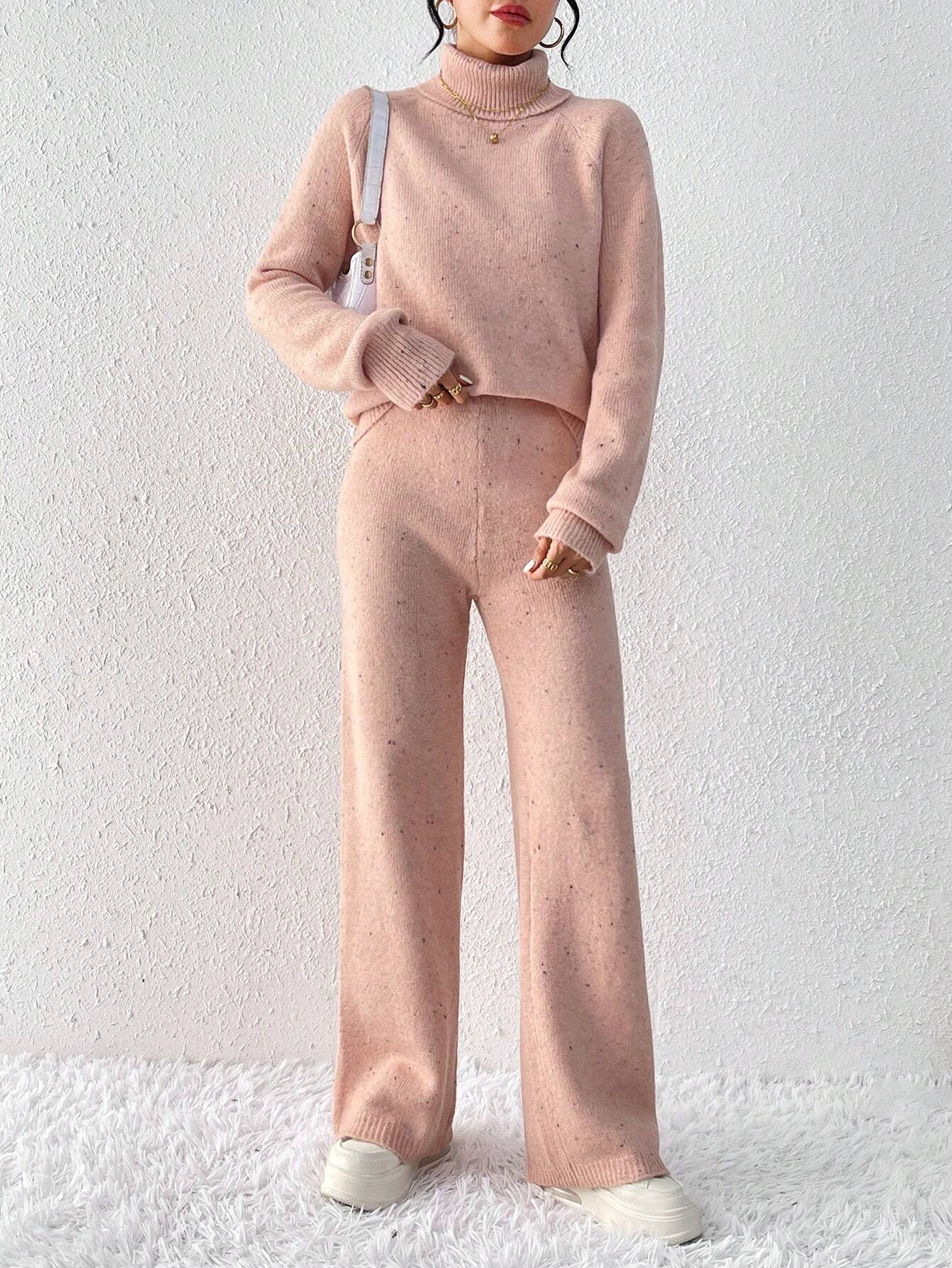 Turtleneck Drop Shoulder Sweater & Knit Pants Shein