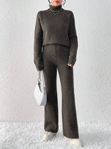 Turtleneck Drop Shoulder Sweater & Knit Pants Shein