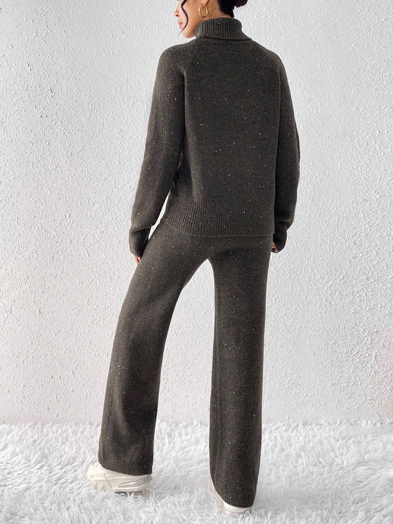 Turtleneck Drop Shoulder Sweater & Knit Pants Shein