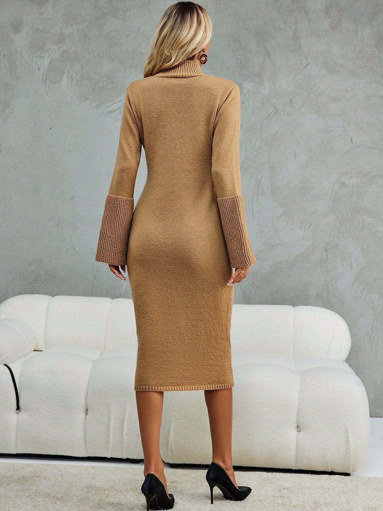 Turtleneck Trumpet Sleeve Sweater Dress Without Belt Shein