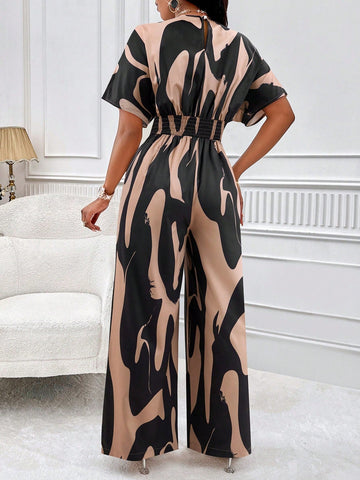 Unity Allover Print Batwing Sleeve Belted Jumpsuit shein