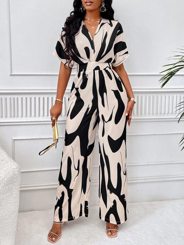 Unity Allover Print Batwing Sleeve Belted Jumpsuit shein