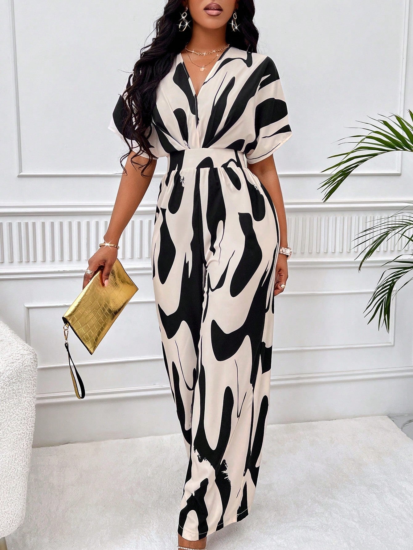 Unity Allover Print Batwing Sleeve Belted Jumpsuit shein