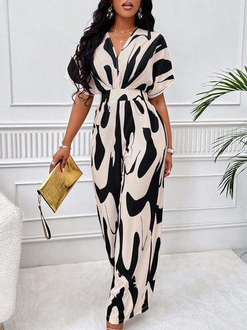 Unity Allover Print Batwing Sleeve Belted Jumpsuit shein