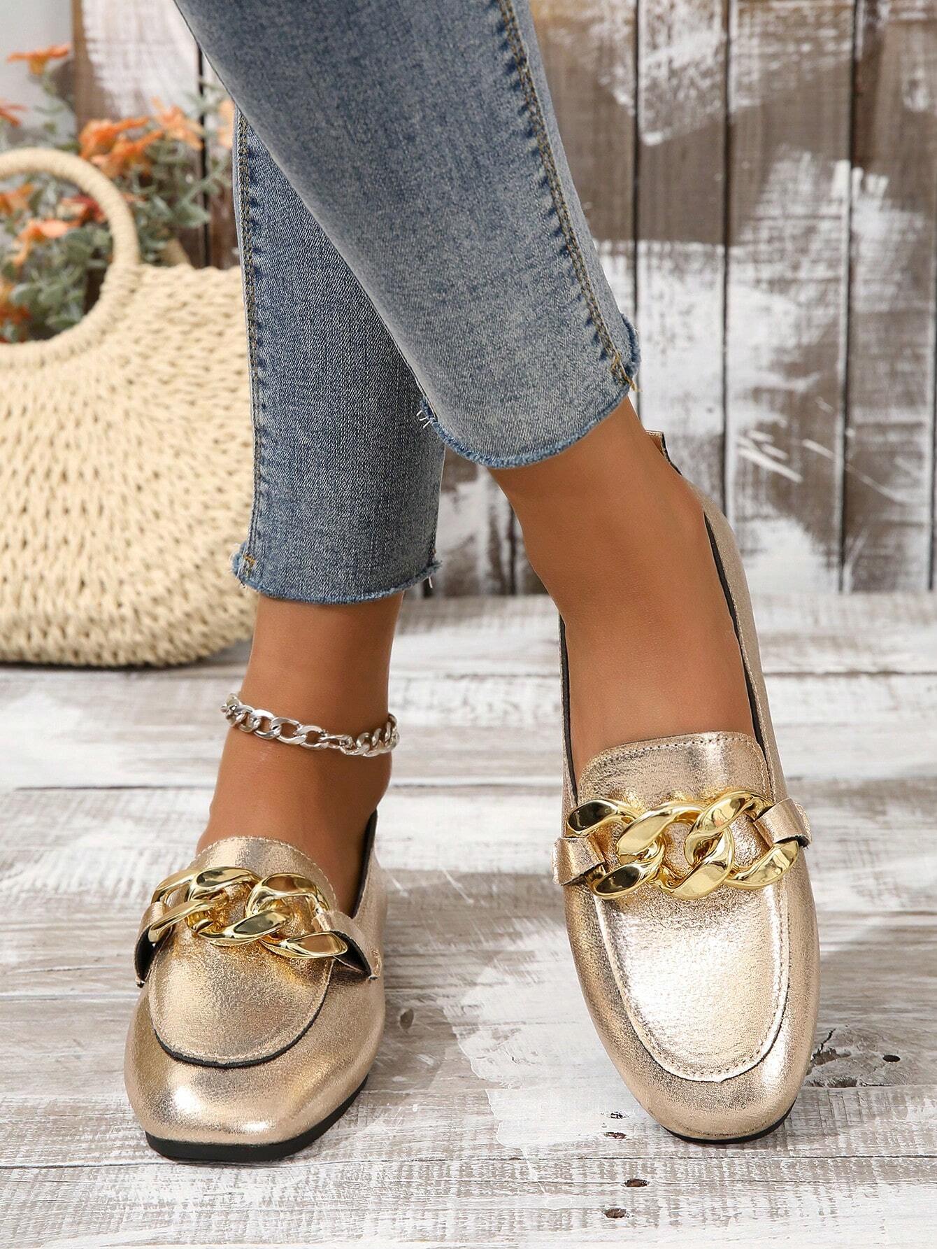 Women Chain Decor Square Toe Flats Shein