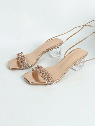 Women's Chunky Heel Crystal Transparent Sandals Shein