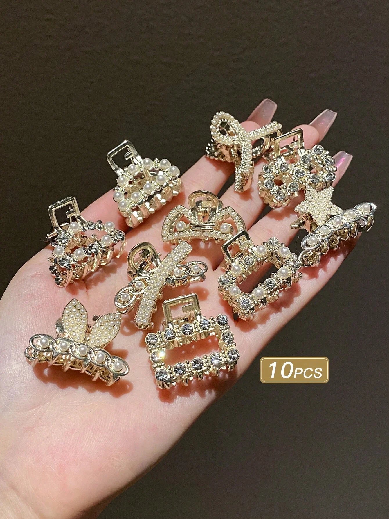 10pcs/pack Women's Pearl & Rhinestone Decor Half Hair Up Claw Clip Shein