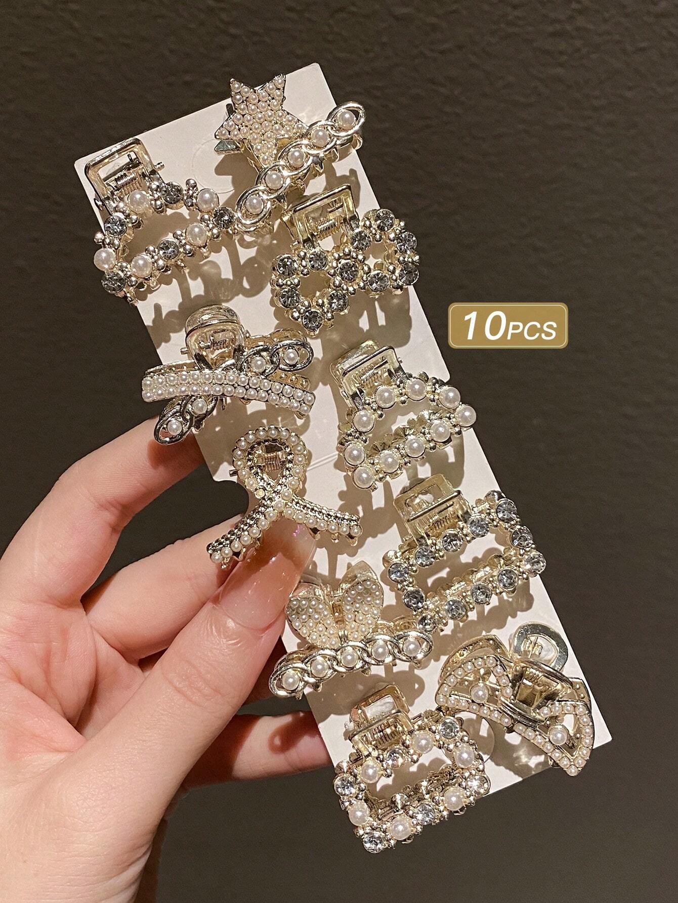 10pcs/pack Women's Pearl & Rhinestone Decor Half Hair Up Claw Clip Shein
