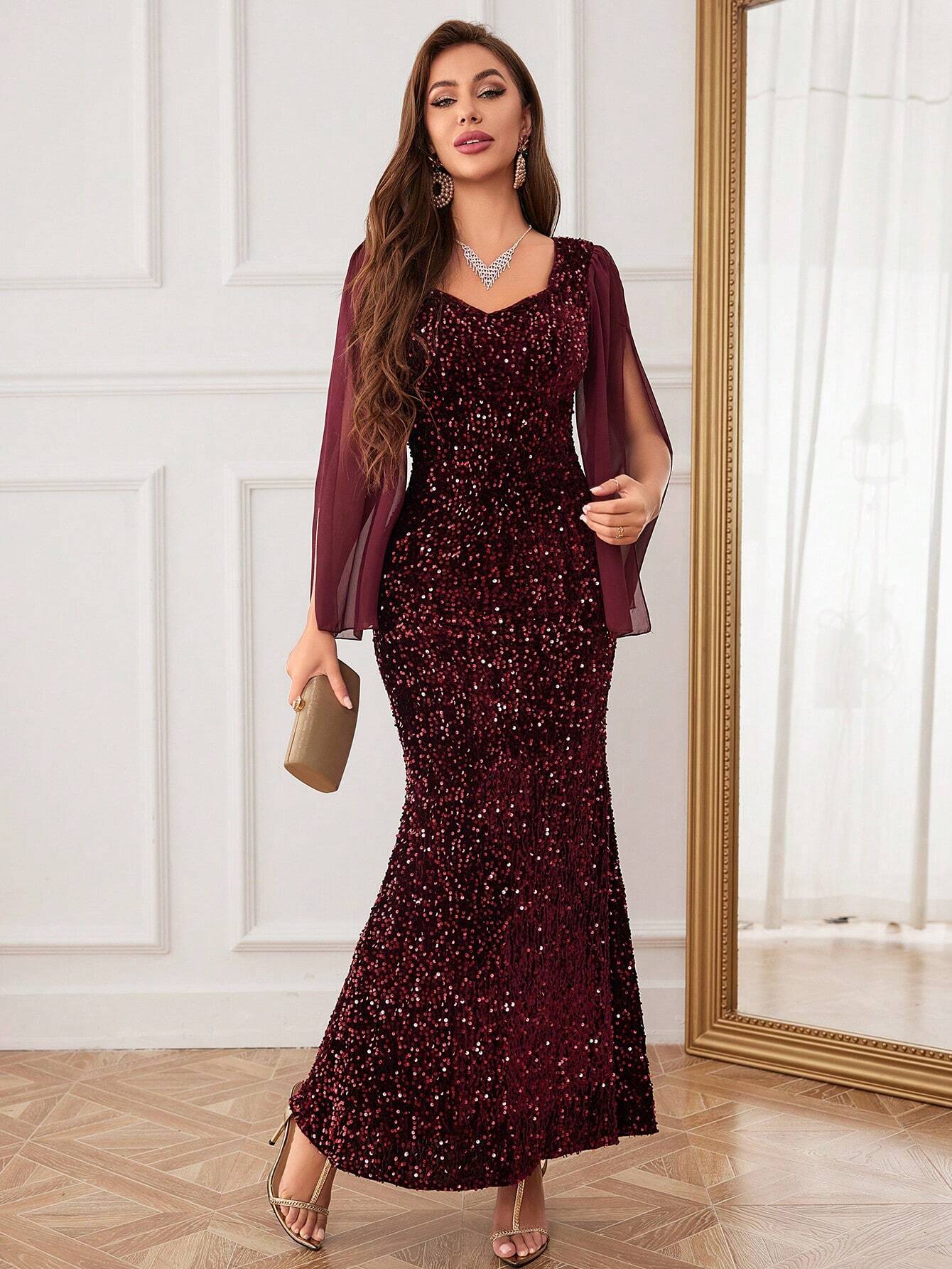 Women's Sequin Applique Mesh Sleeve Evening Dress With Heavy Duty Hem Shein