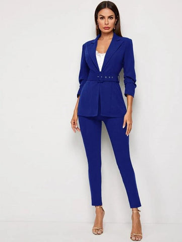 Adjustable Belted Blazer & Pants Set Shein