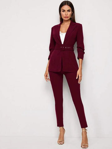 Adjustable Belted Blazer & Pants Set Shein