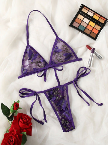 Butterfly Embroidery Mesh Lingerie Set shein