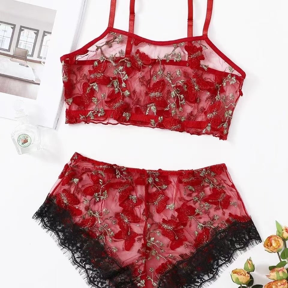 Butterfly Embroidery See Through Lingerie Set shein