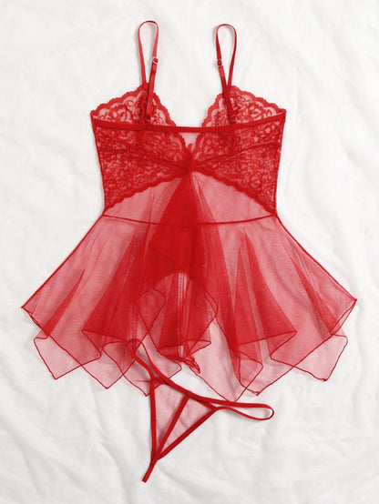 Floral Lace Contrast Mesh Slips With Thong shein