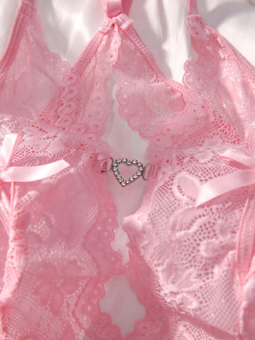 Floral Lace Heart Ring Linked Plunging Teddy Bodysuit shein