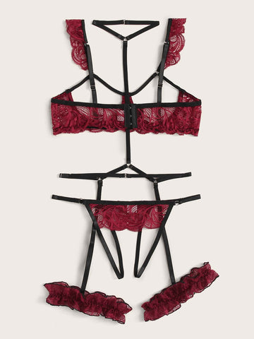 Floral Lace Underwire Garter Lingerie Set With Choker FD shein