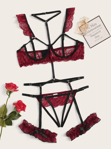 Floral Lace Underwire Garter Lingerie Set With Choker FD shein