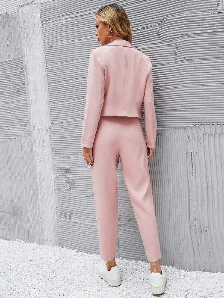 Solid Single Button Crop Blazer And Slant Pocket Suit Pants Shein